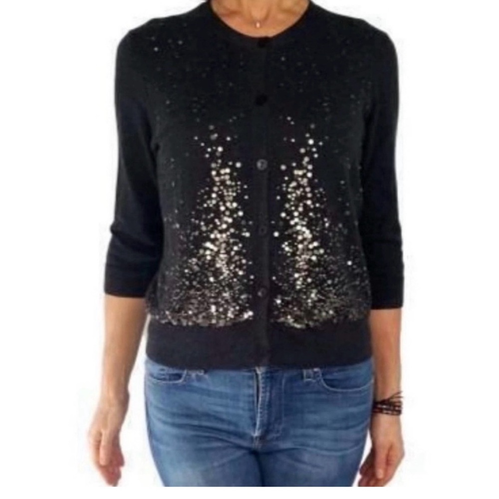 Eileen Fisher Medium Cotton/Cashmere Button-Front Cardigan Gray Sequins - Picture 2 of 8